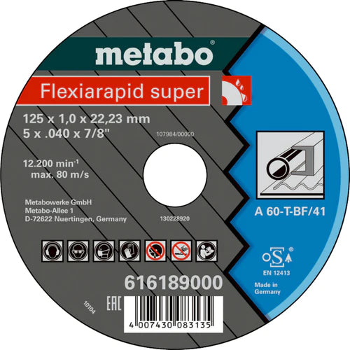 Metabo 125 x 1.6mm A46-T "Flexiarapid Super" HydroResist Steel Cutting Disc, Straight - Box of 25 (616192000)
