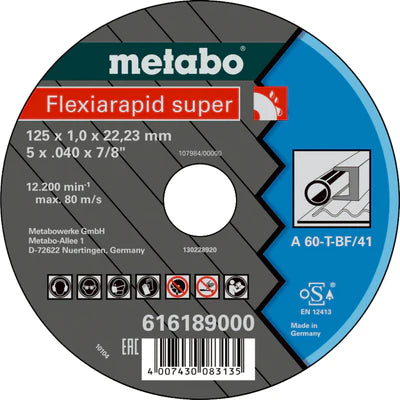 Metabo 125 x 1mm A60-T "Flexiarapid Super" HydroResist Steel Cutting Disc, Straight - Box of 25 (616189000)